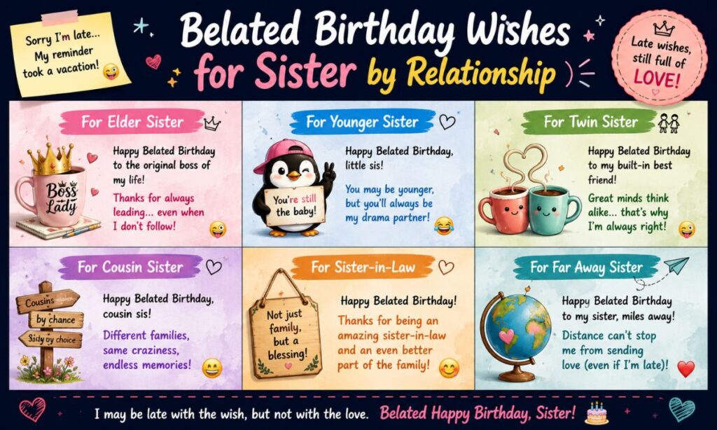 Belated Birthday Wishes for Sister by Relationship